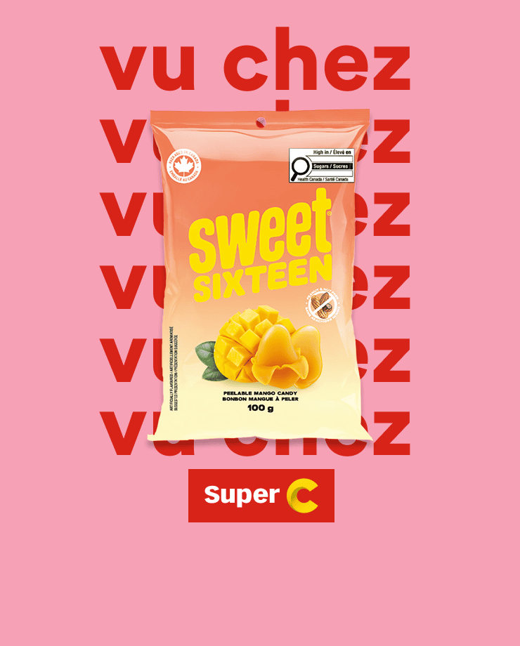 Vu chez Super C. Bonbons à saveur de mangue à peler, Sweet Sixteen