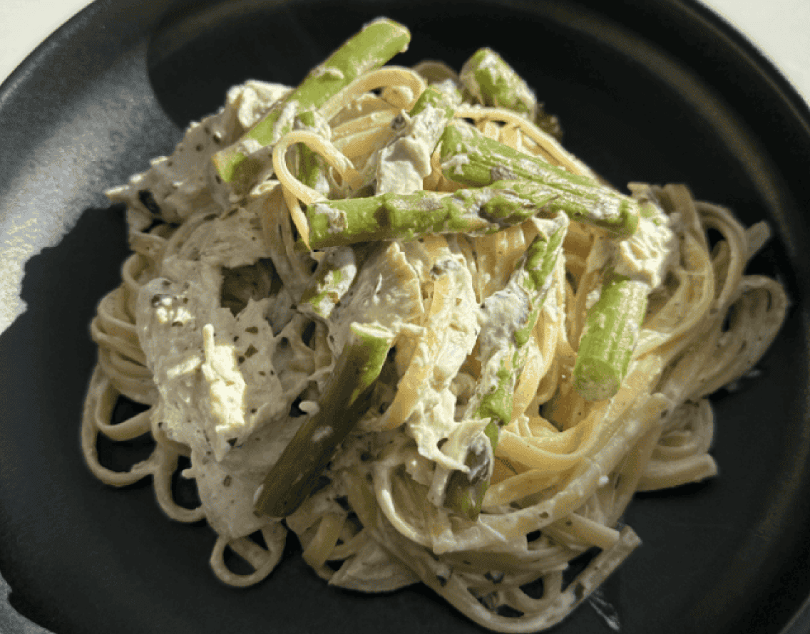 Creamy roasted chicken and asparagus pasta recipe.