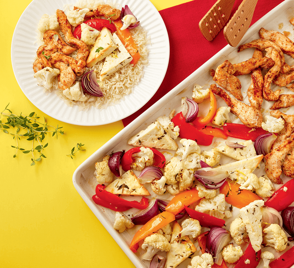 seasoned sheet pan chicken and crispy feta