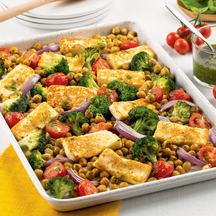 plaque de halloumi et pois chiches au pesto